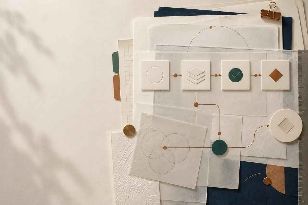 Слои рабочей процедуры с листами, метками проверки и связями между этапами